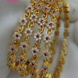 Gold plated ad bangles set with ruby and white stones| flower design statement bangles - set of 4pcs| indian jewelry bracelet| gift for her