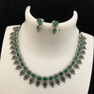 Oxidized silver necklace set | german silver necklace set india | antique finish silver choker necklace | black polish american diamond set Green