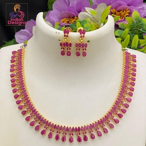 Gold plated Ruby  ad stone choker| indian wedding jewelry| teardrop & marquise stones american diamond wedding jewelry| gift for her