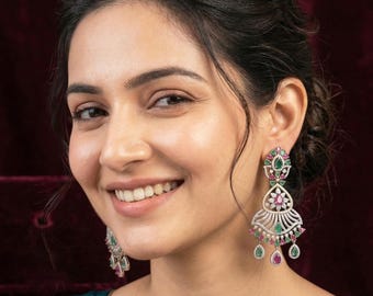 AD stone Victorian Chandbali Earrings| Emerald & Ruby Statement Earrings| Long CZ Statement Jhumka| statement drop earrings| Gift for her