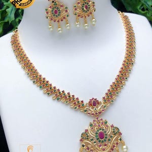 Gold-Plated Indian Necklace Set with Emerald, Ruby Stones & Pearls| Elegant Wedding Necklace with Matching Earrings| Statement Bridal Set