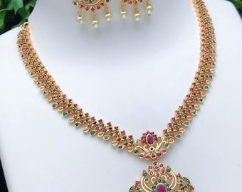 Gold-Plated Indian Necklace Set with Emerald, Ruby Stones & Pearls| Elegant Wedding Necklace with Matching Earrings| Statement Bridal Set