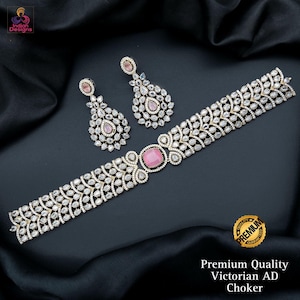 Conjunto de pendientes tipo gargantilla con diseño AD de acabado victoriano/Collar tipo gargantilla de boda llamativo/Joyería nupcial con diamantes estadounidenses/Collar con diamantes de circonita cúbica/Regalo para ella