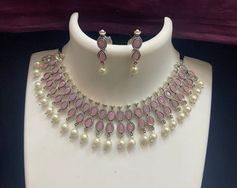 IndianDesignz Baby Pink American Diamond Wedding Jewelry in Silver Finish | Bollywood Trendy Fashion