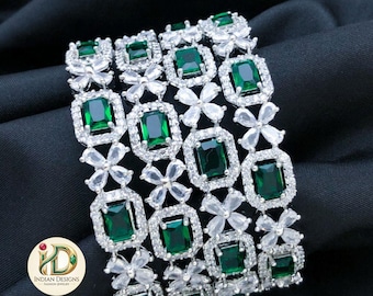 Rhodium Emerald Green AD Bangles Set| American Diamond CZ Bridal Bracelets| Green Stone Indian Wedding Kada| Silver Plated Bangle Set.