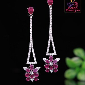 American diamond cz crystal long minimalist floral earrings