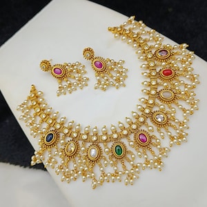 Gold plated Navratna Necklace & matching Earrings with Pearl drops| Antique Temple Jewelry| Ethnic Indian Wedding Jewelry Set|Gift for her