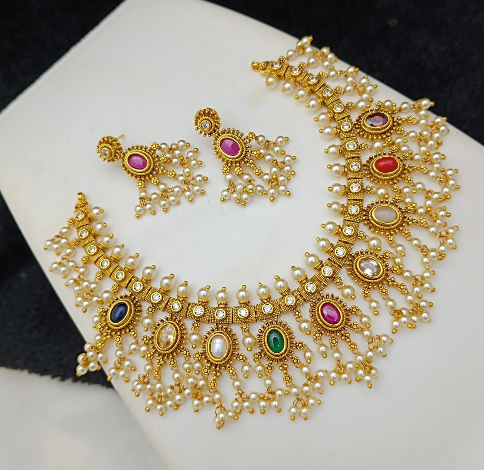 Choker Necklace Set One Gram Pearl Jewellery Elegant Temple Gold