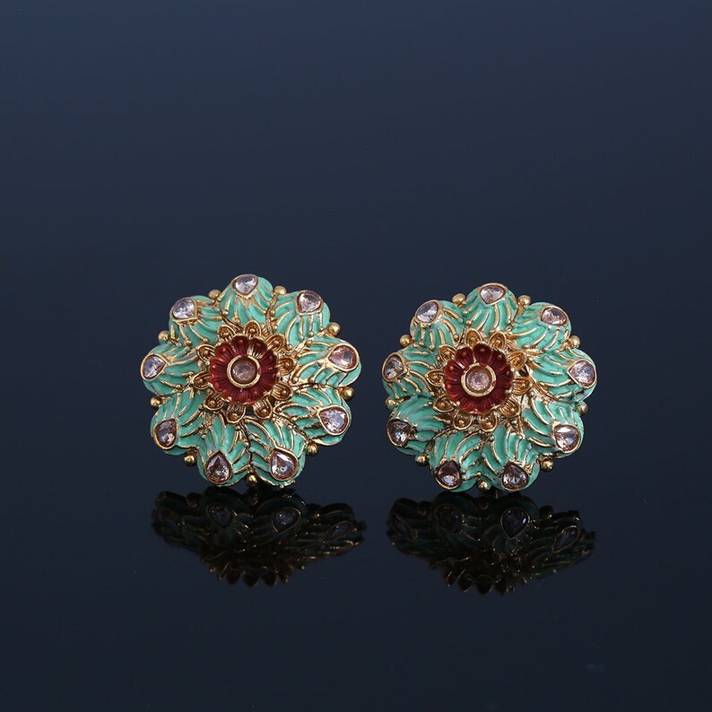 Kundan White Meena Floral Hand Painted Stud Earrings for Women
