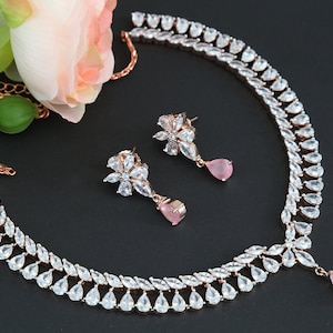 Teardrop necklace and earring set  Rose gold  jewelry Designs  | Simple choker set with American diamond stones | Punjabi necklace shopping