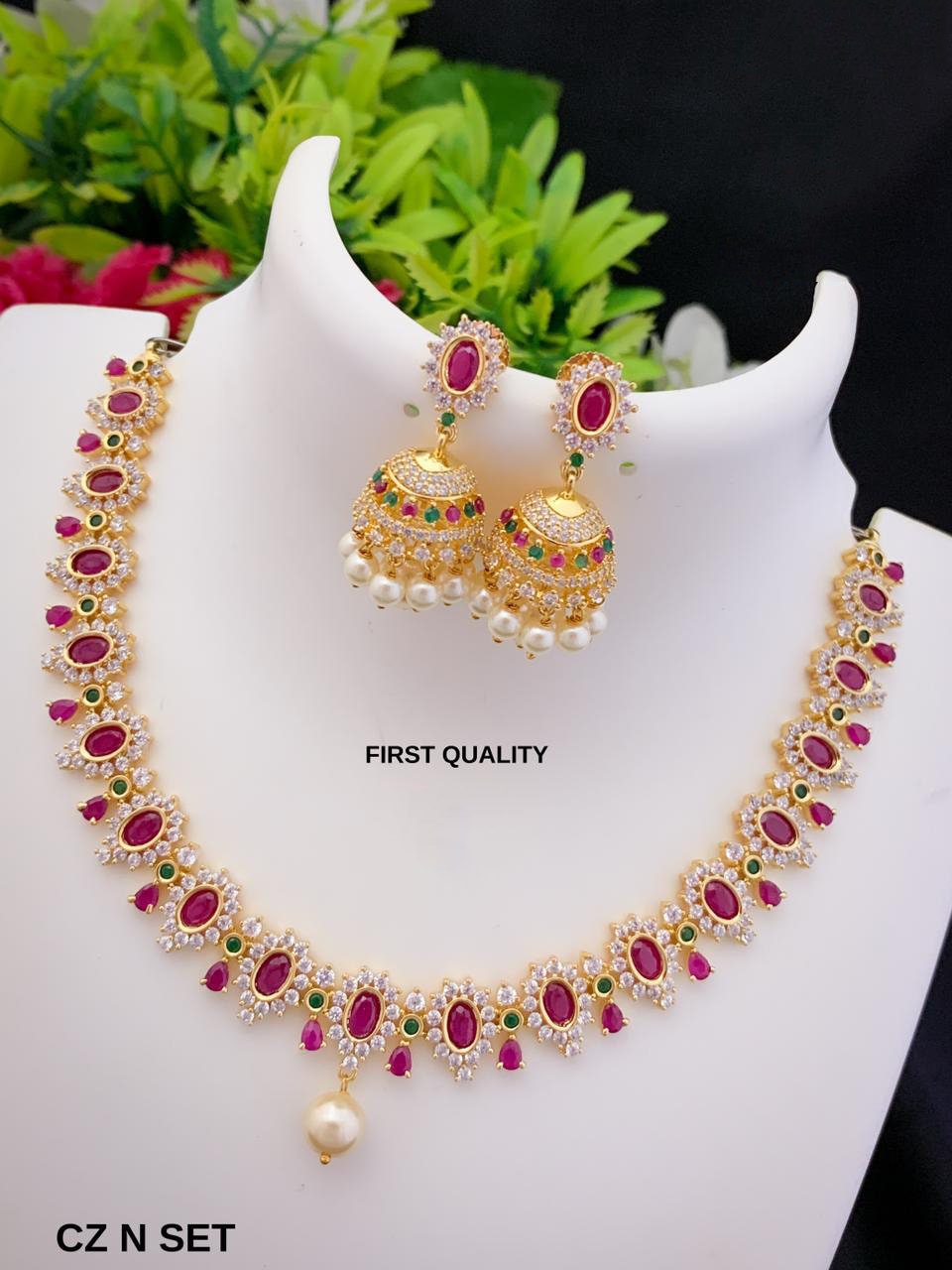 Exclusive South Indian style matte Gold necklace with Ruby Emerald stones  and Jhumka Earrings | Simple choker Indian Temple Jewelry necklace | Gift