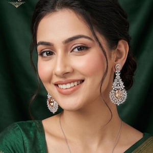 Long Statement Earrings 3 Inch| Ruby Champagne AD Earrings| Indian Wedding Jewelry| Bridal Dangle Earrings| CZ Party Wear Jewelry