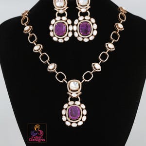 Dull Gold Doublet stone Moissanite Polki Kundan Necklace set|Sabyasachi Inspired Jewelry| American Diamond Statement Necklace| Gift for her