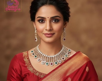 Cz diamond bridal choker necklace earring set| statement wedding necklace| american diamond choker set|indian/pakistani jewelry|gift for her