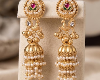 Matte Gold Kundan Jhumka Earrings| Traditional South Indian Temple Earrings| Bridal Pearl Jhumkas| Festive Wedding Jewelry| Gift for her