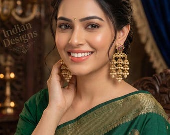 Gold Plated Multi-Layer Jhumka Earrings with Pearl Drops| 3-Inch Long Traditional Indian Wedding Earrings| Kemp Stone Bridal Jewelry