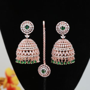 Rose Gold American Diamond Indian Schmuck Jhumka Ohrringe | Großer Jhumkas| Kashmiri Jhumki| Braut Jhumkas zur Hochzeit | Blau | Rosa | Neuwertig
