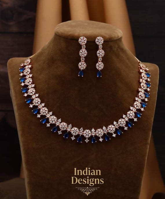 Rose Gold CZ Necklace Set| Indian Wedding Jewelry Set| American