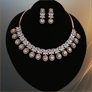 Rose Gold Polish American Diamond Topas / Pink / Saphir Blau - Stein Choker Halskette Ohrring Set | Indische Hochzeit Schmuckset | Geschenk für sie