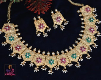 Matte Gold Finish AD stone Necklace Earring set|South indian wedding Temple Necklace |Gold plated American Diamond Ruby & emerald choker set
