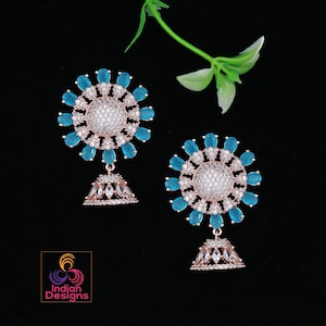 Rose Gold American Diamond Designer Earrings with Small Jhumka Drop