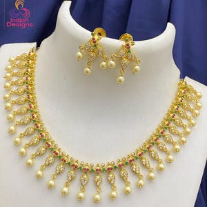 Gold plated ruby & pearl necklace set with earrings| wedding necklace earrings|ad stone necklace set| american diamond necklace|gift for her