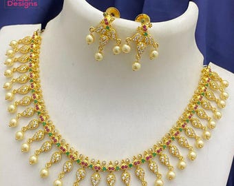 Gold plated ruby & pearl necklace set with earrings| wedding necklace earrings|ad stone necklace set| american diamond necklace|gift for her