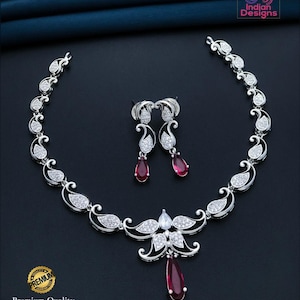 Silver Tone American Diamond Necklace Set| Ruby Purple Green Aqua Pink Drops| Indian Wedding Jewelry| Rhodium finish CZ Choker| Gift for her