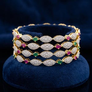 Luxury Gold Tone Stone Bangle Set for Women| Multi Row Sparkling Bridal Bracelet| Indian Style Party Jewelry| Pink Green Accent Bangles