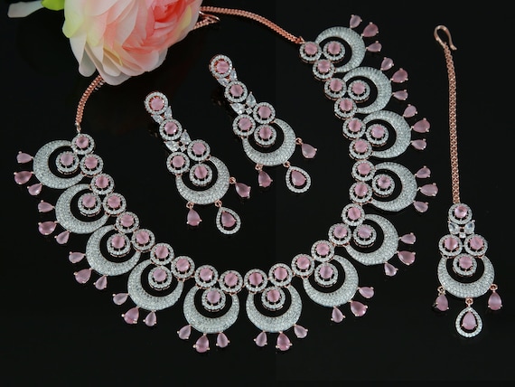 White & Pink ADNS1116 American Diamond Necklace Set, Size: Adjustable