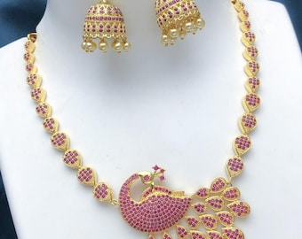 Peacock Design American Diamond Necklace Jhumka set |Gold Plated Peacock CZ American Diamond Necklace with stones |Indian Jhumka earrings