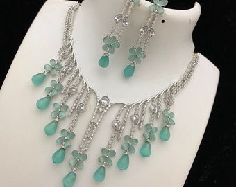 Rhodium-Silver tone American Diamond choker necklace with Dangling Color Beads | Crystal jewelry set | Indian Bollywood Jewelry|Gift for her
