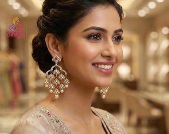Indian Jhumka Earrings| Dull Gold AD Stone Dangle Chandbali| Pearl Drop Wedding & Festive Jewelry| Statement Earrings| Wedding Earrings