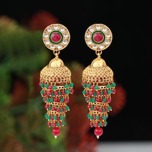 Gold Plated Triple Jhumka jhumki Earrings with Red and Green bead drops| Antique Polki Jhumka| Pakistani Punjabi Jhumka| Traditional Jhumka