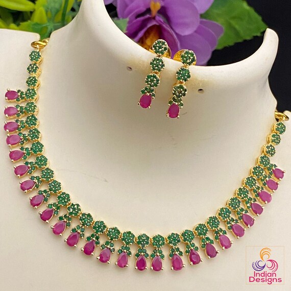 Gold Plated American Diamond Necklace Set Cz Emerald Stone Cute