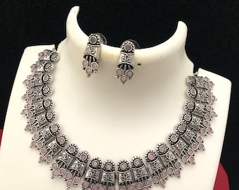 German silver oxidized choker necklace earring set | indian jewelry oxidized necklace with color stones | traditional antique wedding jewelr