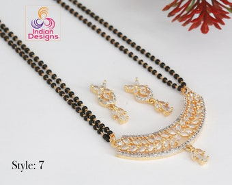 CZ Gold Plated MangalSutra with black bead chain |Indian Fashion Jewelry |Daily wear American Diamond MangalSutra set |Perfect Gift for wife