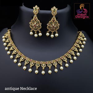 Traditional Antique Gold Necklace with Earrings | Matte Finish Temple Jewelry | South Indian Bridal & Festival Jewelry Set| Gift for her