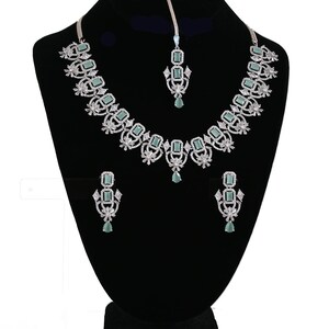 American Diamond Silver/Rhodium Plated CZ Mint/Pink/Green/Ruby Diamond Necklace maang tikka set |Indian/Pakistani Wedding  Party wearJewelry