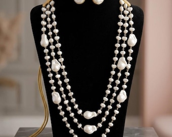 Baroque Pearl Long Necklace Set| Layered Pearl Mala| Indian Pearl Jewelry| Elegant Wedding Necklace| South Indian Jewelry| Gift for her