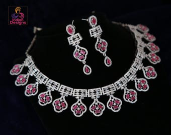 American Diamond CZ Ruby Necklace Earring set| Indian Wedding jewelry| Luxury Statement Necklace| Silver Plated Crystal AD Choker Necklace