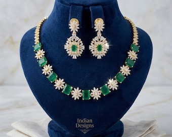 American Diamond Choker set| Gold Plated CZ diamond Indian necklace| Fancy Mini Choker |CZ Ruby Emerald stone necklace jewelry| Gift for her