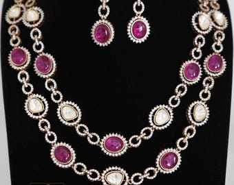 Doublet stone moissanite polki necklace & earring set| victorian gold emerald and pink kundan sabyasachi statement necklace set|gift for her
