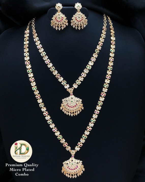 Gold-plated Cz Stone Attigai Necklace Set| South Indian Wedding