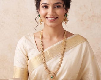 South Indian Long Haram Necklace & Jhumka Earrings| Traditional Gold Plated Bridal Jewellery| Guttapusalu Style Wedding Jewelry • Ruby Set