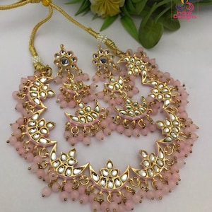 Kundan Necklace Set with Crescent Moon Design and Pearl Beads| Victorian Polki Choker Necklace set| Indian?Pakistani Jewelry| Gift for her