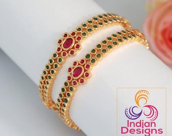 Green stone studded bangles | one gram gold design kemp traditional bangles set of 2 | traditional south indian floral design kemp bangles