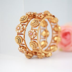 Gold plated Kundan kada bangles for ladies |Openable Polki kada bangle | Pair of Indian Wedding bangles studded with Ruby white round stones