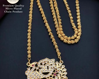 American Diamond Peacock Mugappu| Traditional |South Indian style Gold Plated Daily Wear Mala| Gold Plated Long Necklace & CZ Stone Pendant