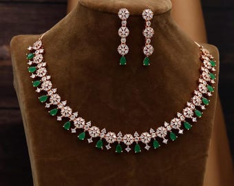 Rose Gold CZ Necklace Set| Indian Wedding Jewelry Set| American Diamond Bridal Necklace| Dainty AD Necklace Earrings Set| Statement necklace